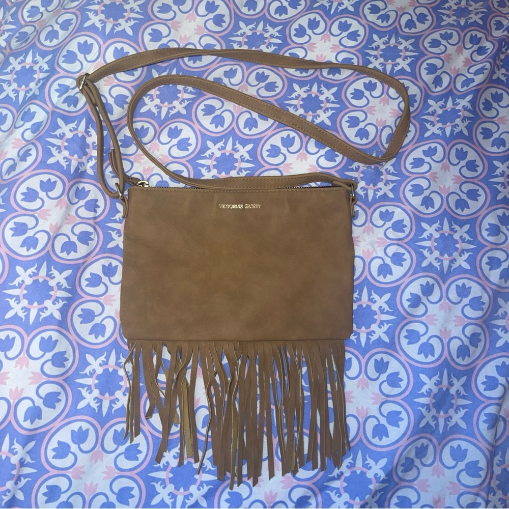 Victoria's Secret Crossbody Bag Purse Tan Leather Fringed Tassel Pouch 6X9x1